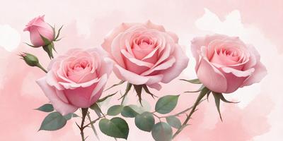 The primary subject of the image is a bouquet of three pink roses. The roses are arranged in a visually appealing manner, with one rose on the left, one in the middle, and one on the right. The setting is a pink background, which adds to the overall mood and visual style of the image. The colors and mood of the image are predominantly pink, creating a warm and inviting atmosphere.