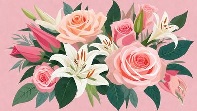 The primary subject of the image is a bouquet of flowers, which are the main objects in the scene. The flowers are arranged in a vase, and they are placed on a pink surface, creating a visually appealing and colorful display. The visual style of the image is a combination of photo and digital art, as it captures the beauty of the flowers in a realistic yet artistic manner. The colors and mood of the image are predominantly pink, which adds a sense of warmth and freshness