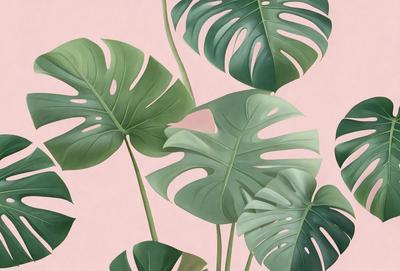 The image features a large group of green leaves, possibly from a palm tree, arranged in a visually appealing manner. The leaves are spread across the scene, with some overlapping and others standing alone. The primary subject of the image is the leaves, which are the main focus and create a lush, green atmosphere. The setting is a pink background, which adds a contrasting color to the scene. The visual style of the image is a combination of photo and digital art, creating a realistic yet artistic representation of