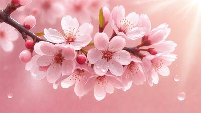 The primary subject of the image is a close-up of a branch with pink flowers. The setting is a pink background, which adds to the overall mood of the image. The visual style is a photo, capturing the beauty of the flowers and their surroundings. The colors and mood of the image are predominantly pink, creating a warm and inviting atmosphere.