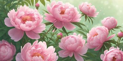 The primary subject of the image is a group of pink flowers, which are the main objects in the scene. The flowers are arranged in a vase, and they are the focal point of the image. The setting is a garden, with greenery surrounding the flowers. The visual style of the image is a painting, which gives it a more artistic and detailed appearance. The colors in the image are predominantly pink, creating a warm and inviting atmosphere.