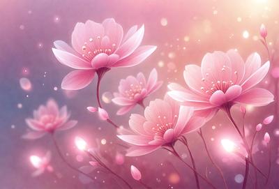 The primary subject of the image is a group of pink flowers. The setting is a pink background, which adds to the overall mood of the scene. The visual style is a combination of photo and digital art, creating a vibrant and lively atmosphere. The colors and mood of the image are predominantly pink, which gives the scene a warm and inviting feel.