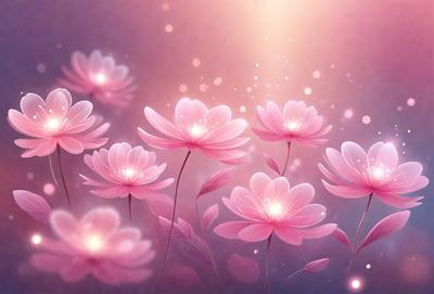 The primary subject of the image is a group of pink flowers with bright petals. The flowers are arranged in a visually appealing manner, creating a sense of beauty and harmony. The setting is a pink background, which complements the flowers and adds to the overall aesthetic of the image. The visual style is a combination of photo and digital art, resulting in a vibrant and lively scene. The colors and mood of the image are predominantly pink, which evokes feelings of warmth