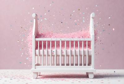 The primary subject of the image is a white baby crib with a pink bedspread. The crib is placed on a pink surface, which adds a warm and inviting atmosphere to the scene. The visual style of the image is a photo, capturing the details of the crib and its surroundings. The colors and mood of the image are predominantly pink, creating a sense of warmth and comfort.