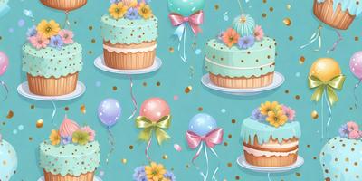 The primary subject of the image is a collection of cakes and balloons. The cakes are decorated with flowers and are placed on plates, while the balloons are scattered around them. The setting is a blue background, which adds a vibrant and lively atmosphere to the scene. The visual style is a combination of digital art and illustration, creating a colorful and playful mood.