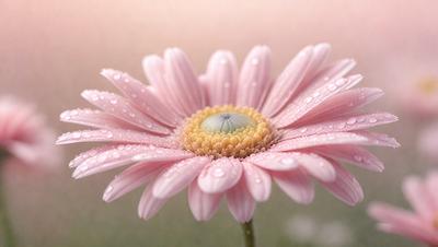The primary subject of the image is a pink flower with a yellow center, sitting on a green background. The visual style of the image is a photo, capturing the beauty of the flower in its natural environment. The colors and mood of the image are predominantly pink and green, creating a serene and calming atmosphere.