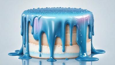 The primary subject of the image is a cake with blue frosting. The cake is placed on a white surface, which serves as the background. The visual style of the image is digital art, as it appears to be a computer-generated or digitally edited image. The dominant colors in the image are blue and white, creating a cool and refreshing atmosphere.