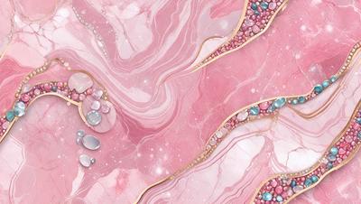 The primary subject of the image is a pink marbled surface with a gold border. The setting is a pink and white marbled background, and the visual style is a combination of digital art and illustration. The colors and mood of the image are predominantly pink and white, creating a warm and inviting atmosphere.