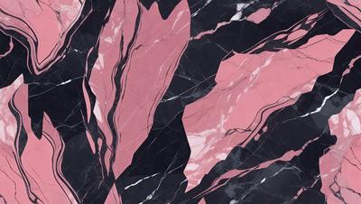 The primary subject of the image is a marbled surface with a pink and black color scheme. The setting is a black and pink marbled wall, which serves as the background. The visual style is a close-up of the marbled surface, showcasing the intricate patterns and textures. The colors and mood of the image are predominantly pink and black, creating a striking and elegant appearance.