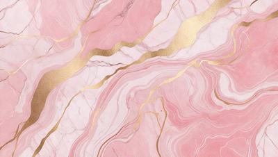 The primary subject of the image is a pink marbled wall with gold accents. The setting is a room with a pink marbled wall as the main focus. The visual style is a combination of a photo and digital art, creating a unique and eye-catching design. The dominant colors are pink and gold, giving the wall a luxurious and elegant appearance.
