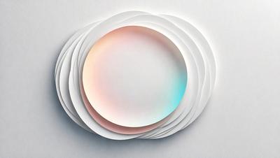 The primary subject of the image is a white plate with a blue circle in the center. The plate is part of a larger arrangement of white plates, creating a visually appealing display. The setting is a white wall, which serves as the background for the plates. The visual style of the image is a combination of photo and digital art, as it appears to be a photograph of a digital art piece. The colors and mood of the image are predominantly white and blue, giving it a clean and calming atmosphere.