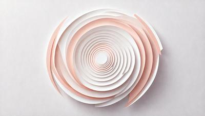 The primary subject of the image is a large, circular arrangement of paper, possibly a sculpture or an artistic display. The setting is a white background, which provides a clean and minimalist appearance. The visual style is a combination of digital art and illustration, as the paper appears to be digitally manipulated or drawn. The colors and mood of the image are predominantly pink, creating a warm and inviting atmosphere.