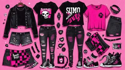 The primary subject of the image is a collection of clothing items, including a black shirt, jeans, and a skull shirt. The setting is a pink background, and the visual style is a digital art illustration. The colors and mood of the image are predominantly pink, giving it a feminine and playful atmosphere.