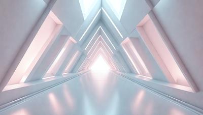 The primary subject of the image is a long, narrow hallway with a white color scheme. The setting is a white room with a white floor, and the visual style appears to be a digital art or illustration. The colors and mood of the image are predominantly white, creating a clean and minimalist atmosphere.
