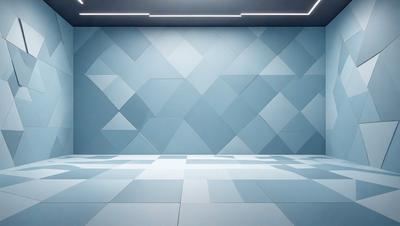 The primary subject of the image is a blue wall with a geometric pattern. The setting is a room with a blue wall, and the visual style appears to be a photo. The dominant colors are blue and white, creating a calm and soothing atmosphere.