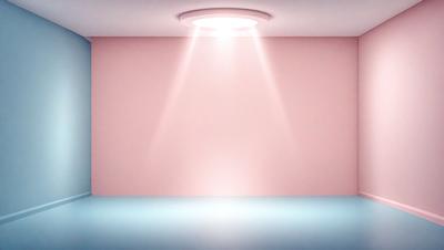 The primary subject of the image is a bright light shining on a pink wall. The light is coming from a source above the wall, creating a visually striking scene. The setting is a room with a pink wall, and the visual style appears to be a photo. The colors and mood of the image are predominantly pink, creating a warm and inviting atmosphere.