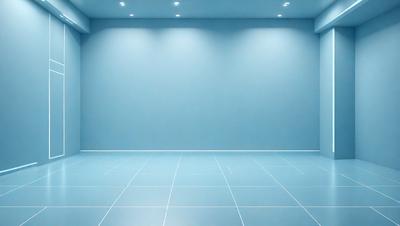 The primary subject of the image is a large, empty room with a blue wall. The setting is a clean, white room with a blue wall, and the visual style is a photo. The room appears to be a large, empty space with a blue wall, and the colors and mood are predominantly blue, creating a calm and serene atmosphere.