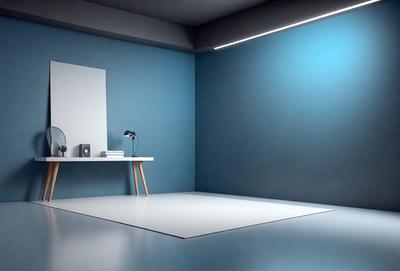 The primary subject of the image is a white table with a lamp on it. The table is placed in a room with a blue wall. The visual style of the image is a photo, and the colors and mood are predominantly white and blue, creating a calm and serene atmosphere.