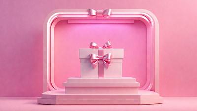 The primary subject of the image is a pink box with a bow on top. The setting is a pink background, which creates a warm and inviting atmosphere. The visual style is a digital art, as the box appears to be a 3D model. The colors and mood of the image are predominantly pink, giving it a feminine and elegant appearance.