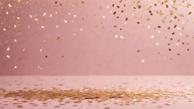The primary subject of the image is a pink background with gold confetti falling on it. The setting is a pink table, and the visual style is a photo. The colors and mood of the image are warm and festive, with the gold confetti adding a touch of elegance and celebration.