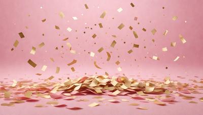 The primary subject of the image is a pink background with gold confetti falling on it. The setting is a pink surface, and the visual style is a photo. The colors and mood of the image are predominantly pink and gold, creating a warm and festive atmosphere.