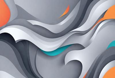The primary subject of the image is a large, abstract painting featuring a mix of blue, white, and orange colors. The painting is displayed on a gray wall, which serves as the setting or background. The visual style of the painting is a combination of digital art and illustration, creating a unique and eye-catching piece of art. The dominant colors in the painting are blue, white, and orange, which contribute to a vibrant and lively atmosphere.