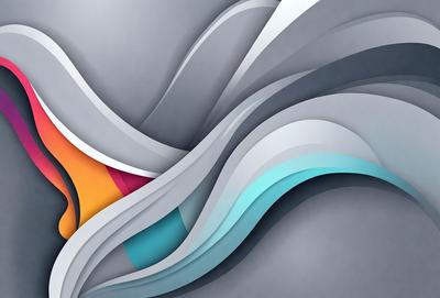 The primary subject of the image is a large, colorful wave. The wave is depicted in a digital art style, with a mix of blue, white, and gray colors. The setting is a gray background, which contrasts with the vibrant colors of the wave. The visual style of the image is a combination of digital art and illustration, creating a dynamic and engaging scene.