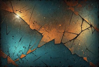 The primary subject of the image is a painting or digital artwork featuring a blue background with a cracked or broken surface. The setting appears to be a dark, moody environment. The visual style is a combination of photo and digital art, creating a unique and intriguing appearance. The colors and mood of the image are predominantly dark and dramatic, with the blue background contrasting against the cracked surface.