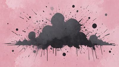 The primary subject of the image is a cloud, which is depicted as a black smudge on a pink background. The setting is a pink surface, and the visual style appears to be a combination of a photo and digital art. The cloud is the main focus of the image, and its black color and smudge-like appearance create a dramatic and moody atmosphere.