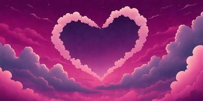 The primary subject of the image is a heart-shaped cloud, which is the main focus of the scene. The heart is pink and appears to be floating in the sky. The setting is a purple sky, which adds a sense of depth and atmosphere to the image. The visual style is a combination of digital art and illustration, creating a unique and artistic representation of the heart-shaped cloud. The colors and mood of the image are predominantly pink, which evokes feelings of love, warmth,