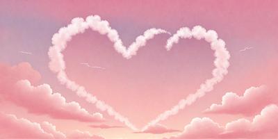 The primary subject of the image is a heart-shaped cloud, which is pink and white in color. The heart is surrounded by other clouds, creating a beautiful and whimsical scene. The setting is a sky filled with clouds, which adds to the overall atmosphere of the image. The visual style of the image is a combination of digital art and illustration, creating a unique and artistic representation of the heart-shaped cloud. The colors and mood of the image are warm and inviting, with the pink and white