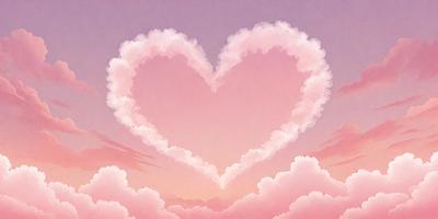 The primary subject of the image is a heart-shaped cloud, which is pink and white in color. The setting is a cloudy sky, and the visual style is a digital art or illustration. The heart-shaped cloud is the main focus of the image, and its pink and white colors create a warm and inviting atmosphere.