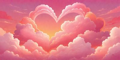 The primary subject of the image is a heart-shaped cloud, which is the main focus of the scene. The heart is surrounded by a pink and white cloudy sky, creating a whimsical and romantic atmosphere. The visual style of the image is a digital art or illustration, as it is a hand-drawn heart-shaped cloud. The colors and mood of the image are predominantly pink and white, giving it a warm and inviting feel.