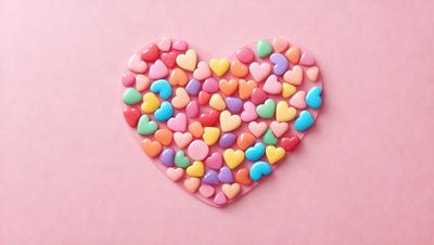 The primary subject of the image is a heart-shaped candy made of various colors, including pink, yellow, and blue. The heart is placed on a pink background, which adds a warm and romantic touch to the scene. The visual style of the image is a close-up of the heart, showcasing its vibrant colors and intricate details. The overall atmosphere of the image is cheerful and playful, as the heart-shaped candy is a popular symbol of love and affection.