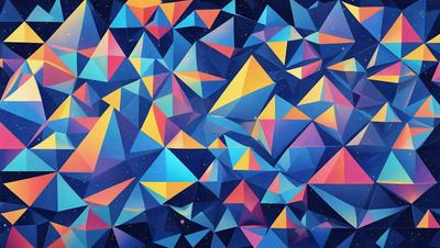 The primary subject of the image is a colorful, geometric pattern. The setting is a blue and yellow background, which adds to the vibrant atmosphere. The visual style is a combination of digital art and illustration, creating a unique and eye-catching design. The dominant colors are blue and yellow, which are used throughout the pattern, giving it a lively and energetic appearance.