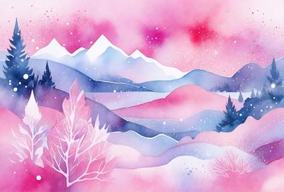 The primary subject of the image is a mountain range with snow-covered peaks. The setting is a beautiful, snowy landscape with a pinkish hue. The visual style is a watercolor painting, which gives the image a vibrant and artistic appearance. The dominant colors are pink, blue, and white, creating a serene and picturesque atmosphere.