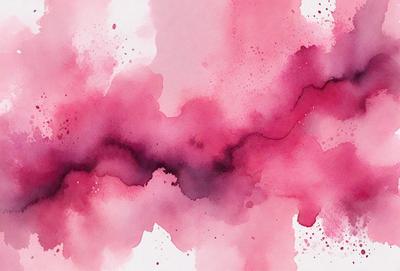 The primary subject of the image is a pink and purple watercolor painting. The setting is a white background, and the visual style is a watercolor painting. The dominant colors are pink and purple, creating a warm and vibrant atmosphere.