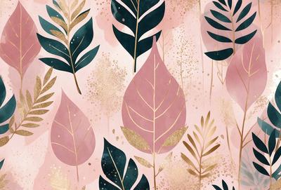 The primary subject of the image is a pattern of leaves, which are the main objects in the scene. The leaves are arranged in a pink and gold color scheme, creating a visually appealing and vibrant design. The setting is a pink and gold background, which complements the leaves and adds to the overall aesthetic of the image. The visual style of the image is a combination of digital art and illustration, showcasing the intricate details and textures of the leaves. The colors and mood of
