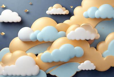 The primary subject of the image is a cloudy sky with various cloud shapes and sizes. The setting is a blue background, which adds to the overall atmosphere. The visual style is a combination of digital art and illustration, creating a unique and artistic representation of the cloudy sky. The colors are predominantly blue and white, giving the scene a calm and serene mood.