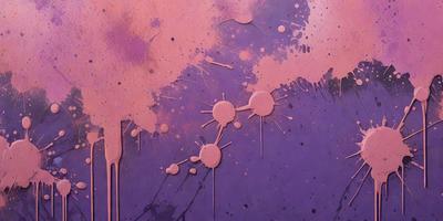 The primary subject of the image is a painting of a purple background with white and pink splatters. The setting is a canvas, and the visual style is a painting. The colors and mood of the painting are predominantly purple, white, and pink, creating a vibrant and artistic atmosphere.