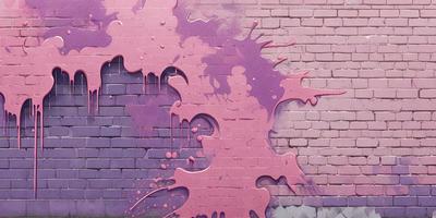 The primary subject of the image is a purple brick wall with a pink splash painted on it. The setting is an outdoor environment, and the visual style appears to be a combination of a photo and digital art. The dominant colors are purple and pink, creating a vibrant and lively atmosphere.