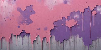 The primary subject of the image is a pink and purple painting with drips and splatters. The setting is a wall, and the visual style appears to be a painting or a digital artwork. The colors and mood of the painting are vibrant and lively, with the pink and purple hues creating a warm and inviting atmosphere.