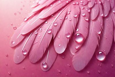 The primary subject of the image is a pink feather with water droplets on it. The setting is a pink background, which adds to the overall mood of the image. The visual style is a combination of photo and digital art, creating a unique and eye-catching design. The colors and mood of the image are predominantly pink, giving it a soft and delicate appearance.