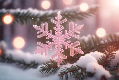 The primary subject of the image is a pink crystal snowflake ornament. The setting is a snowy environment, with a pine tree in the background. The visual style is a close-up of the ornament, showcasing its intricate details. The colors and mood of the image are predominantly pink and festive, creating a warm and inviting atmosphere.