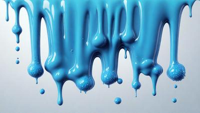 The primary subject of the image is a blue liquid, possibly a frosting or a syrup, that is flowing and dripping. The setting is a white background, which provides a clean and uncluttered environment for the visual display. The visual style of the image is a digital art or illustration, as it features a smooth and flowing motion of the blue liquid. The dominant colors in the image are blue and white, creating a cool and calming atmosphere.