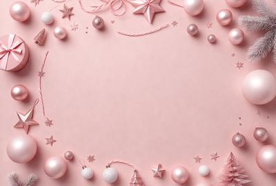 The primary subject of the image is a pink frame with a white background. The frame is decorated with various ornaments, including stars, pearls, and a bow. The setting is a pink background, and the visual style is a combination of digital art and illustration. The colors and mood of the image are predominantly pink and festive, creating a warm and inviting atmosphere.