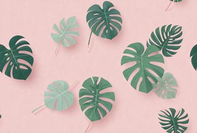 The image features a pink background with a variety of green leaves and plant-like objects. The leaves are arranged in a pattern, creating a visually appealing scene. The primary subject of the image is the green leaves, which are the main focus of the image. The setting is a pink background, which adds a contrasting color to the scene. The visual style of the image is a combination of digital art and illustration, creating a unique and artistic representation of the green leaves. The colors and mood of the image are