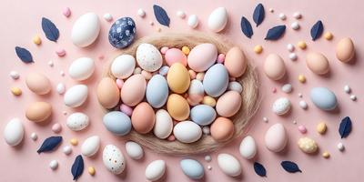 The primary subject of the image is a collection of eggs, which are arranged in a nest-like formation. The setting is a pink background, and the visual style appears to be a combination of a photo and digital art. The dominant colors are pink and white, creating a warm and inviting atmosphere.