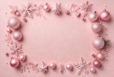 The primary subject of the image is a pink frame with a white background. The frame is decorated with pink and white ornaments, including snowflakes and stars. The setting is a pink background, and the visual style is a combination of photo and digital art. The colors and mood of the image are predominantly pink and white, creating a warm and festive atmosphere.