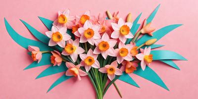 The primary subject of the image is a bouquet of pink and orange flowers. The flowers are arranged in a vase, creating a beautiful and colorful display. The setting is a pink background, which adds to the overall mood of the image. The visual style is a combination of photo and digital art, resulting in a realistic yet artistic representation of the flowers. The colors and mood of the image are predominantly pink and orange, evoking a sense of warmth and happiness.